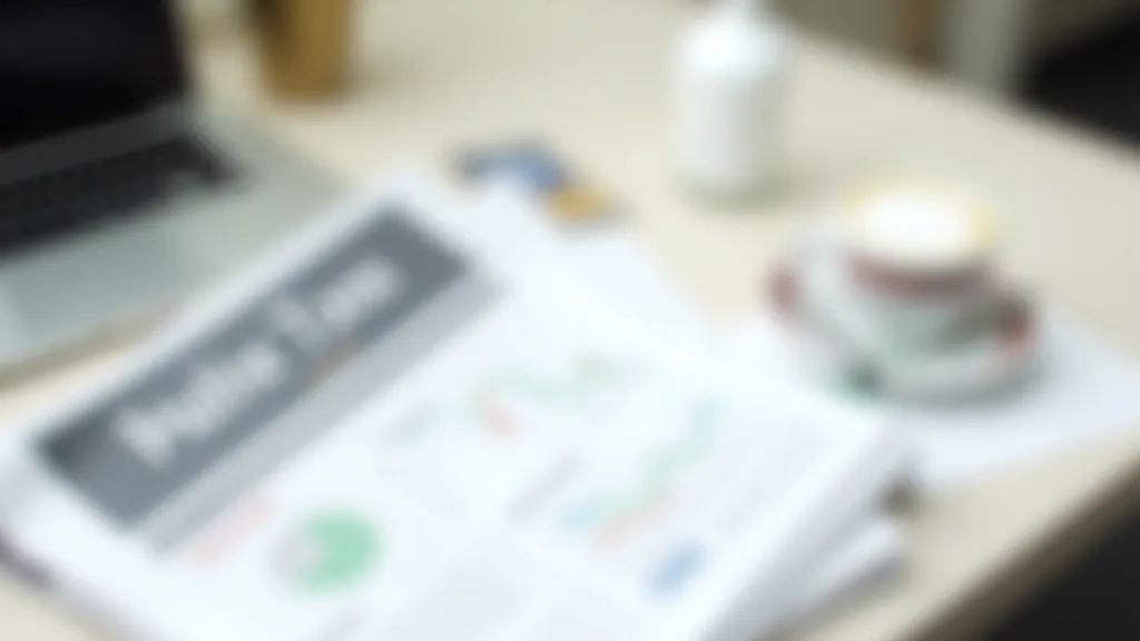 Financial newspaper with market data and coffee on clean desk, bright natural lighting