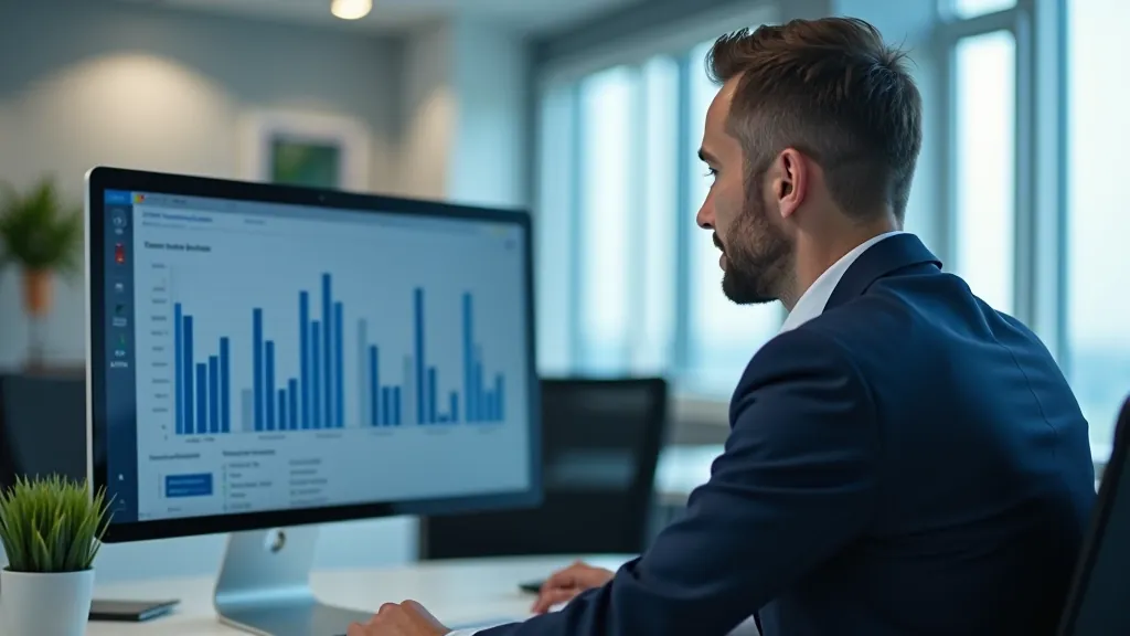 Businessman in office looking at financial charts and rising price graphs on digital screen showing market trends