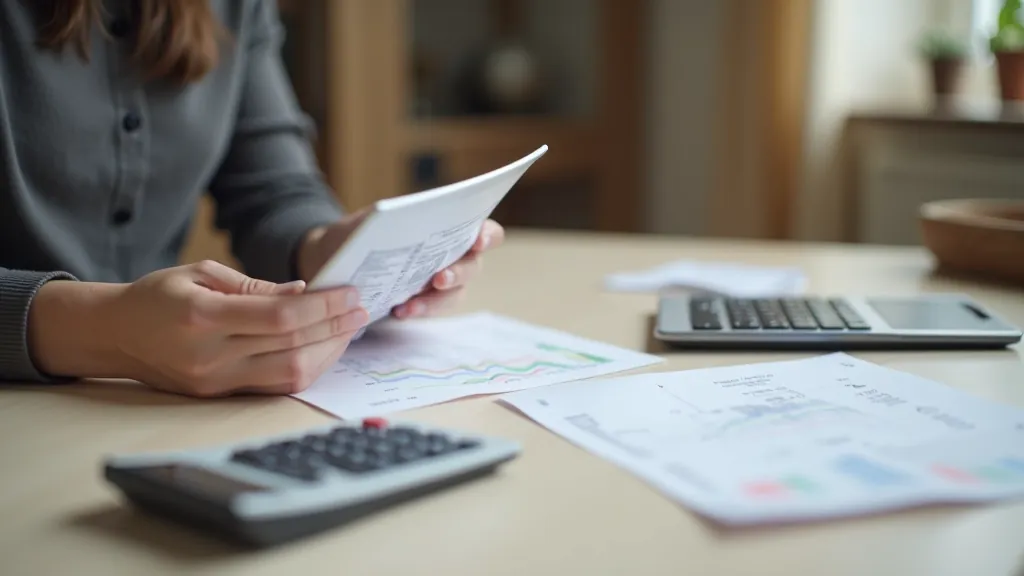Person analyzing household spending patterns on tablet at kitchen table with receipts and calculator