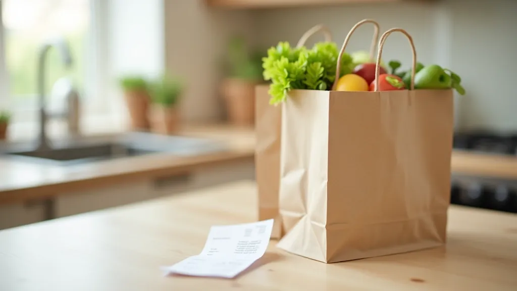 Shopping bags with groceries and receipt on kitchen counter showing household expenses and food costs