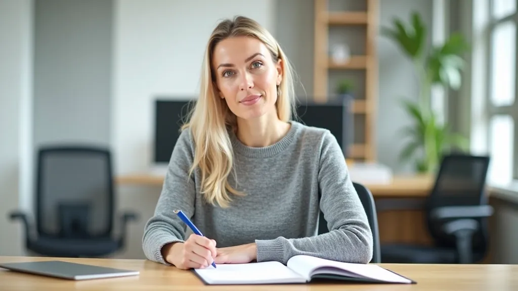 Aoife working at her desk in a bright, modern office space with papers and financial documents, focused professional environment